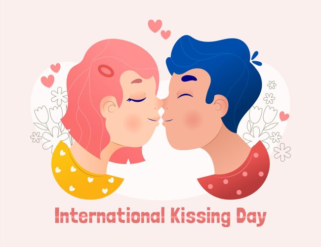 国际手绘国际接吻日插画与情侣接吻庆祝手绘二