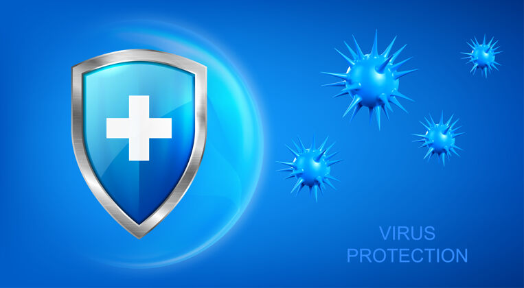 防护带盾牌的病毒防护背景和蓝色背景上飞行的细菌刺细胞细菌药房急救