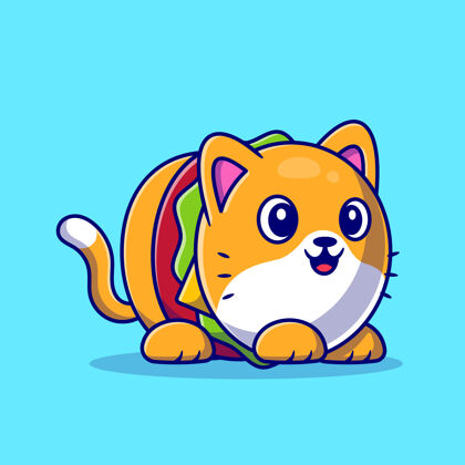 汉堡包可爱的汉堡猫卡通图标插图猫婴儿美味