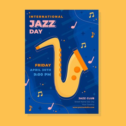 活动国际爵士乐日垂直海报模板与萨克斯管声音节日国际爵士乐日