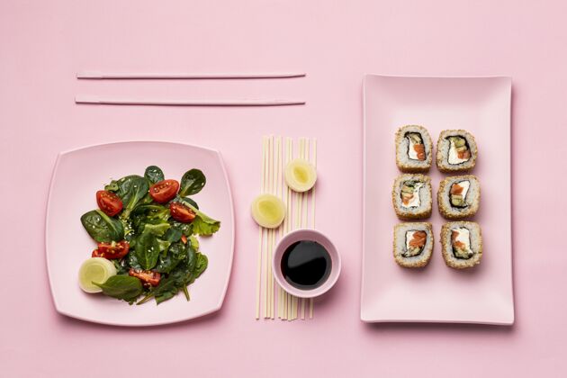 烹饪平躺灵活饮食寿司和沙拉俯视图平面图美食