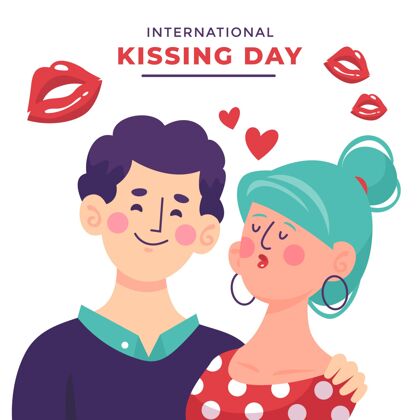 爱手绘国际接吻日插画与女人和男人亲吻插画手绘