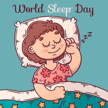 女性手绘世界睡眠日插图与女人睡觉行动号召国际插图