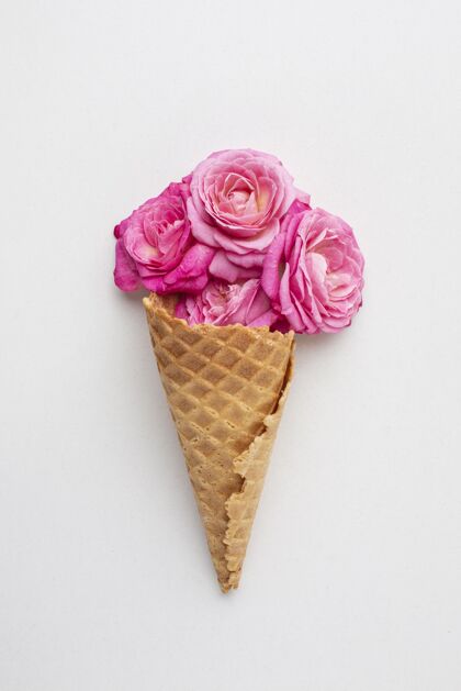 平面图玫瑰冰淇淋蛋筒俯视图花朵花朵