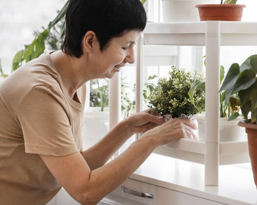 植物笑脸女人整理她的室内植物草药栽培种植