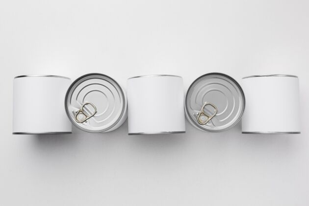 可模型顶视图锡罐排列在桌子上罐头食品安排顶视图