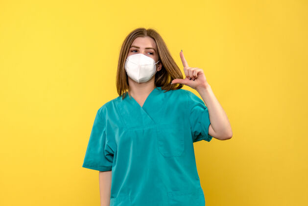 医院正面图：女医生在黄色空间摆姿势前面人冠状病毒