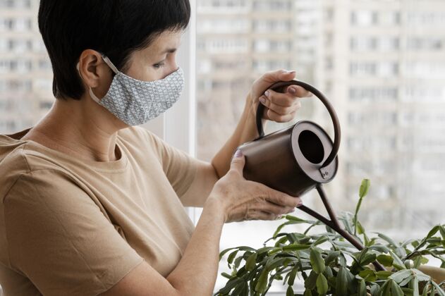 种植戴着口罩在室内浇灌植物的女人栽培浇水罐女人