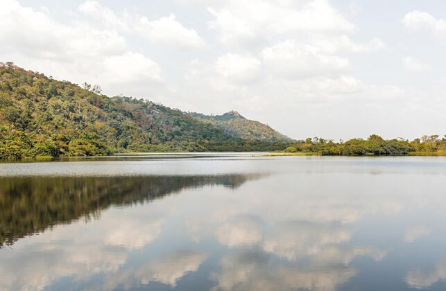 大自然母亲有树木和湖泊的非洲自然景观树木场景远景