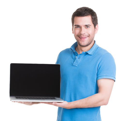 肖像微笑的快乐男人的肖像拿着笔记本电脑和空白屏幕-隔离在白色上帅气微笑笔记本电脑