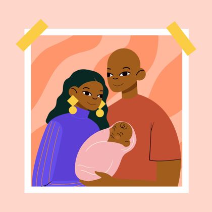 手绘带宝宝的平面手绘黑色家庭插画平面一起女性