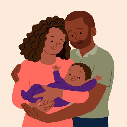 平面手绘带宝宝的平面手绘黑色家庭插画插图家庭一起