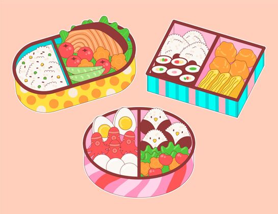 食品手绘的日本饭盒装满了食物日本儿童美味