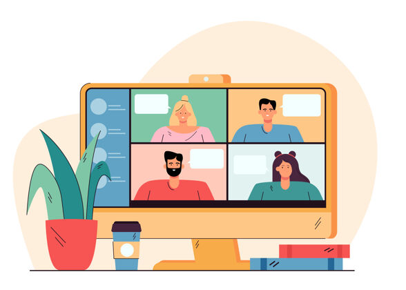互联网视频会议与快乐的人在桌面平面插图显示器工作区学习