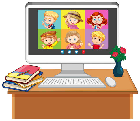 计算机学生视频聊天在线屏幕上的电脑屏幕上的白色背景教育桌子年轻