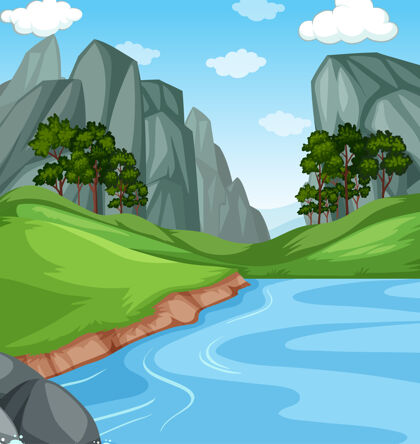 岩石河流与悬崖自然景观插画场景风景空白河流