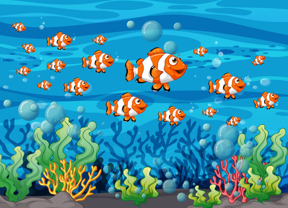 动物许多异国情调的鱼卡通人物在水下的背景生活水下大