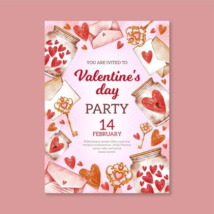庆祝水彩情人节派对传单模板2月14日浪漫情人节