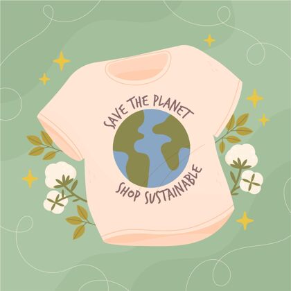 可持续发展平手绘可持续时尚插图与t恤平面有机T恤