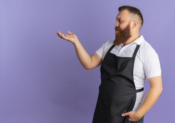 胡子围裙上有专业胡须的理发师 用手臂站在紫色的墙上 展示复印空间手臂介绍手
