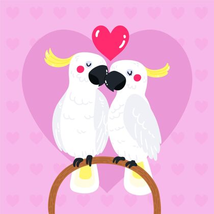 动物手绘情人节鹦鹉情侣2月14日情人节浪漫