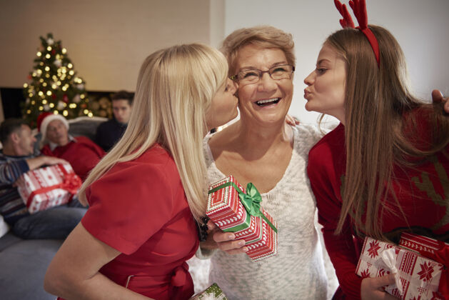 客厅爱 幸福和拥抱-在我们家过圣诞节老年妇女室内三代人