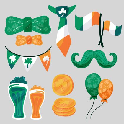 爱尔兰绘制圣帕特里克节元素集包装爱尔兰绿色