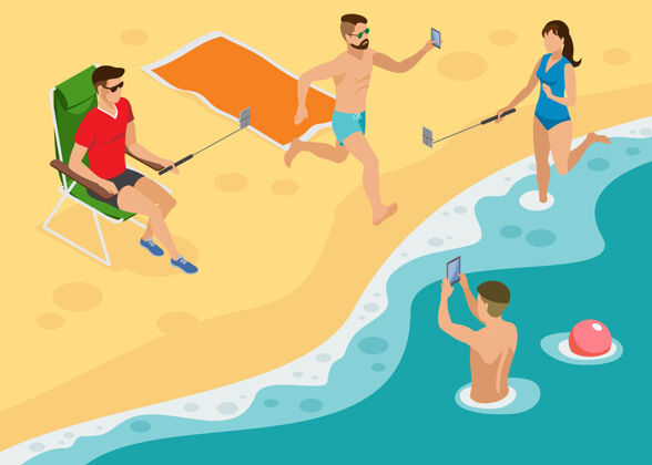 上瘾社交照片等距构图上的年轻人在南海岸海滩自拍的单脚和智能手机假日印刷手机