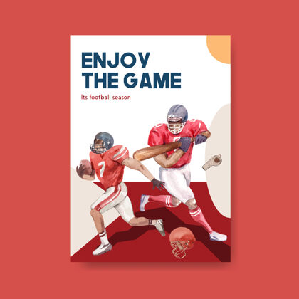 头盔海报模板与超级碗运动概念设计的宣传册和广告水彩矢量插图足球运动员专业知识比赛