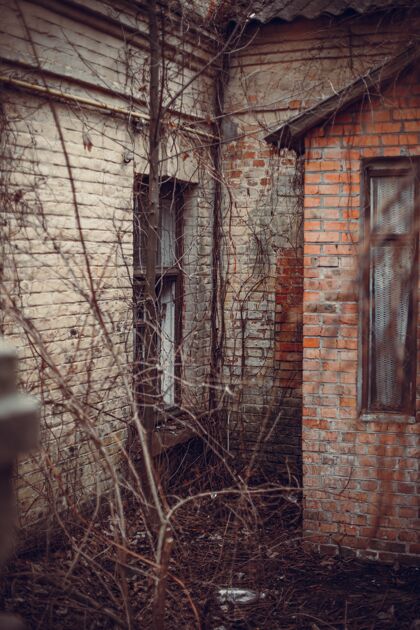 天气一座废弃砖房的垂直镜头黑暗的建筑砖头