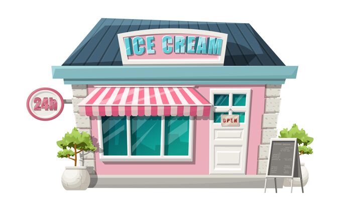 门卡通风格的冰淇淋咖啡厅前店景观与绿色灌木丛隔离 24小时标志和菜单架商店冰淇淋正面