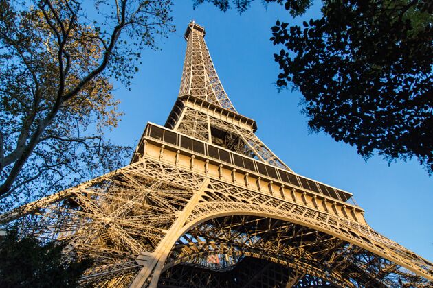 法国在法国巴黎阳光下 埃菲尔铁塔被树木环绕的低角度视图地标建筑法国