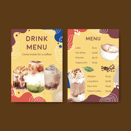 糖菜单模板与韩国咖啡风格的概念餐厅和小酒馆水彩画小酒馆新鲜乳白色