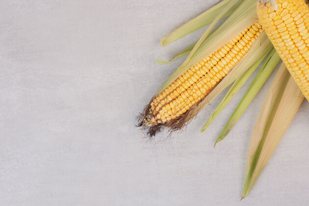 甜玉米新鲜的玉米芯和白玉米芯顶部丝绸视图