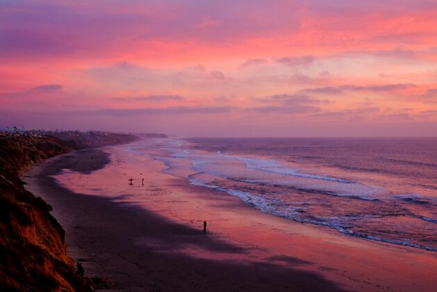 傍晚在令人窒息的日落天空下 高角度拍摄美丽的海滩地平线景色美丽