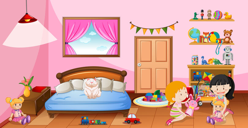 哺乳动物可爱的女孩玩他们的玩具在粉红色的卧室场景娃娃装饰人