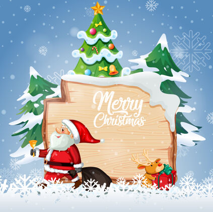 野生动物圣诞快乐字体标志与圣诞卡通人物在雪景木板卡片哺乳动物庆祝