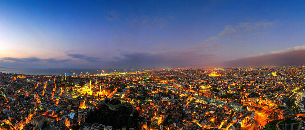 日落土耳其黄昏时分伊斯坦布尔城市全景图全景全景