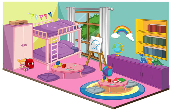 家女孩卧室室内有粉色主题的家具和装饰元素玩具装饰主题