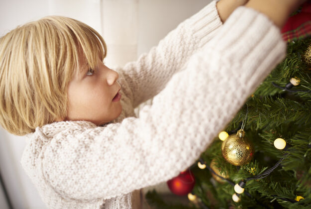 男孩小男孩在家装饰圣诞树室内装饰房子