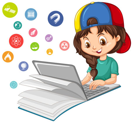 年轻女孩在笔记本电脑上搜索与教育图标隔离学校计算机学校