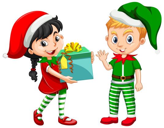 季节可爱的女孩和男孩在圣诞服装卡通人物颜色吉祥物人