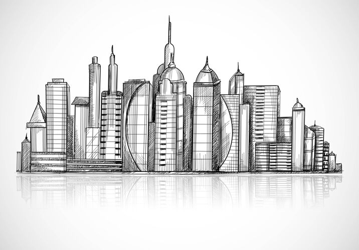 摩天大楼美丽的手绘城市天际线素描城镇建筑抽象
