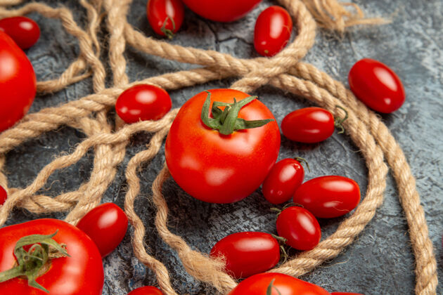 浆果前视图新鲜的樱桃番茄和绳子绳索灌木食物