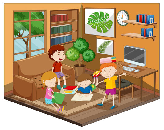 年轻快乐的孩子在客厅做作业地点孩子家具