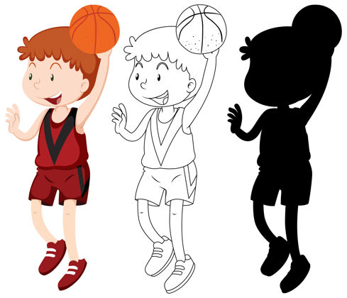 涂鸦篮球运动员的颜色 轮廓和轮廓男孩游戏运动