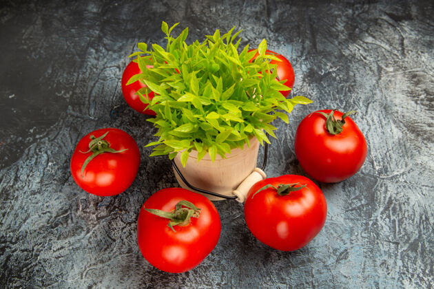 香草前视图新鲜西红柿和绿色植物成熟绿色新鲜西红柿