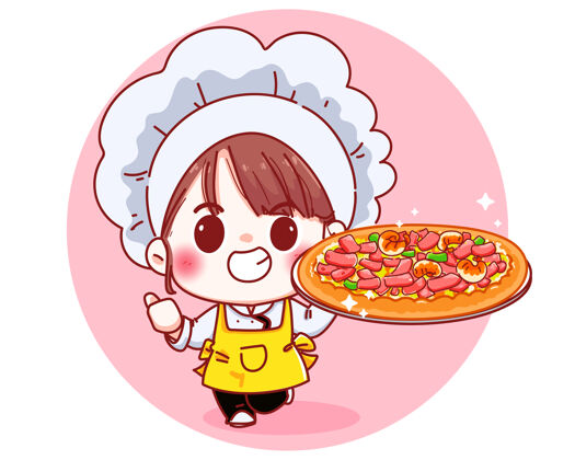 菜可爱的厨师拿着比萨饼卡通插图可爱围裙厨师