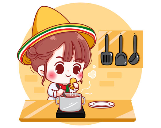 男人可爱的厨师在厨房烹饪在墨西哥家卡通人物插画厨师酒吧传统