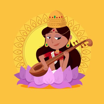 精神萨拉斯瓦蒂女神在演奏乐器瓦桑潘查米印度节日